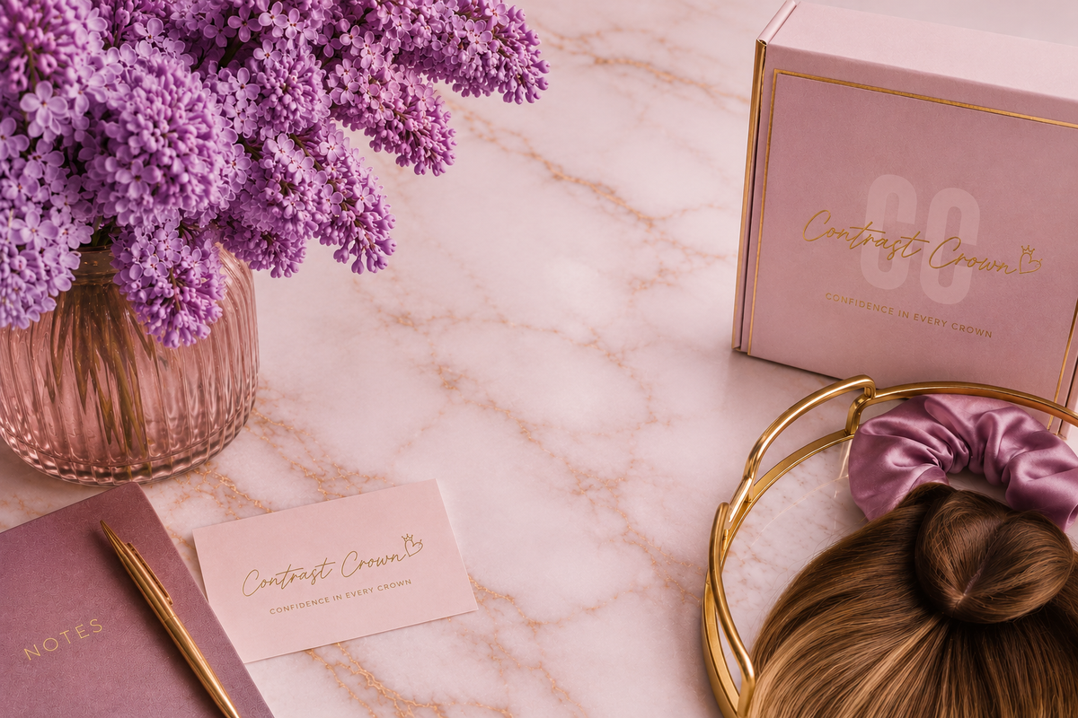 Pink stationery set with a vase of purple flowers on a marble surface