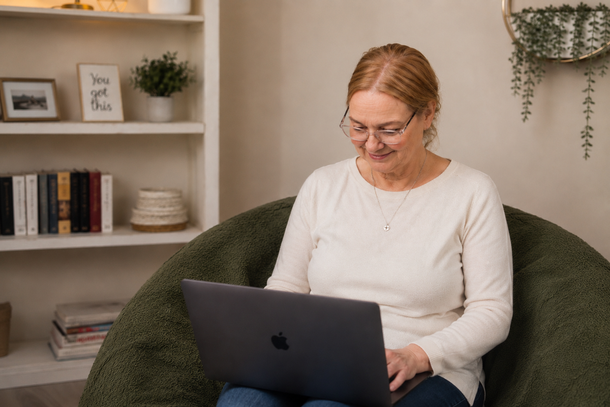 Woman using a laptop in a cozy room with books and plants.