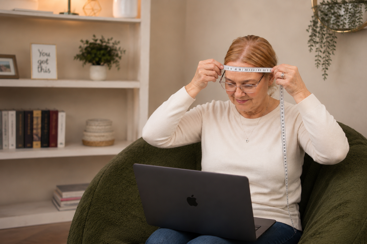 Woman sitting on a bean bag chair with a laptop, holding a measuring tape around her head.