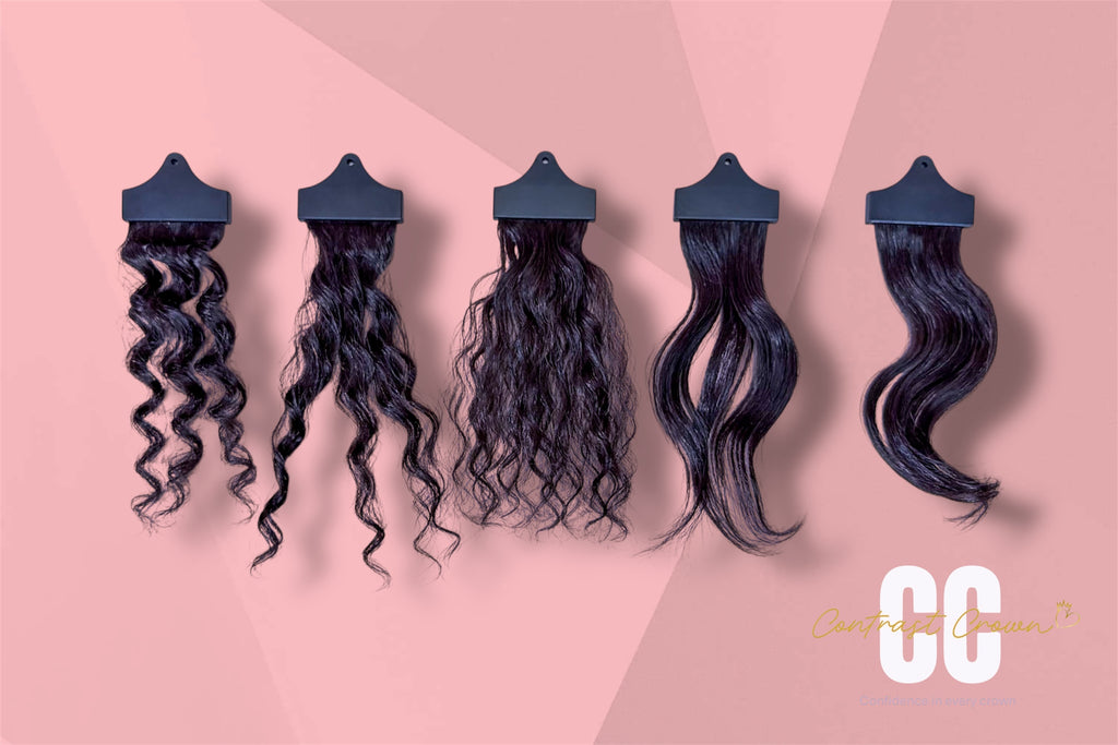 Five hair extensions with wavy texture on a pink background