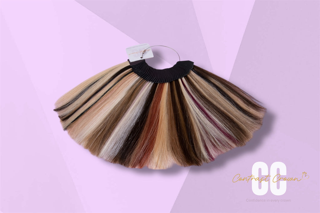 Hair color swatch with multiple shades on a pink background