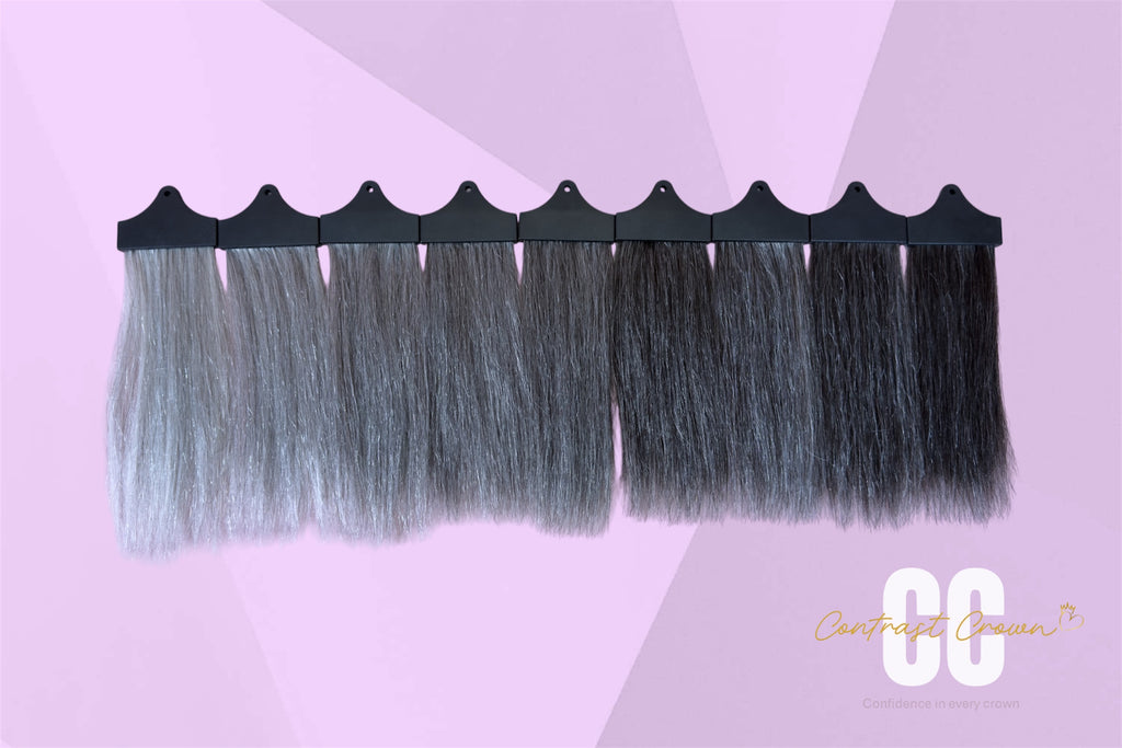 Set of hair extensions on a pink background with 'CC' branding.