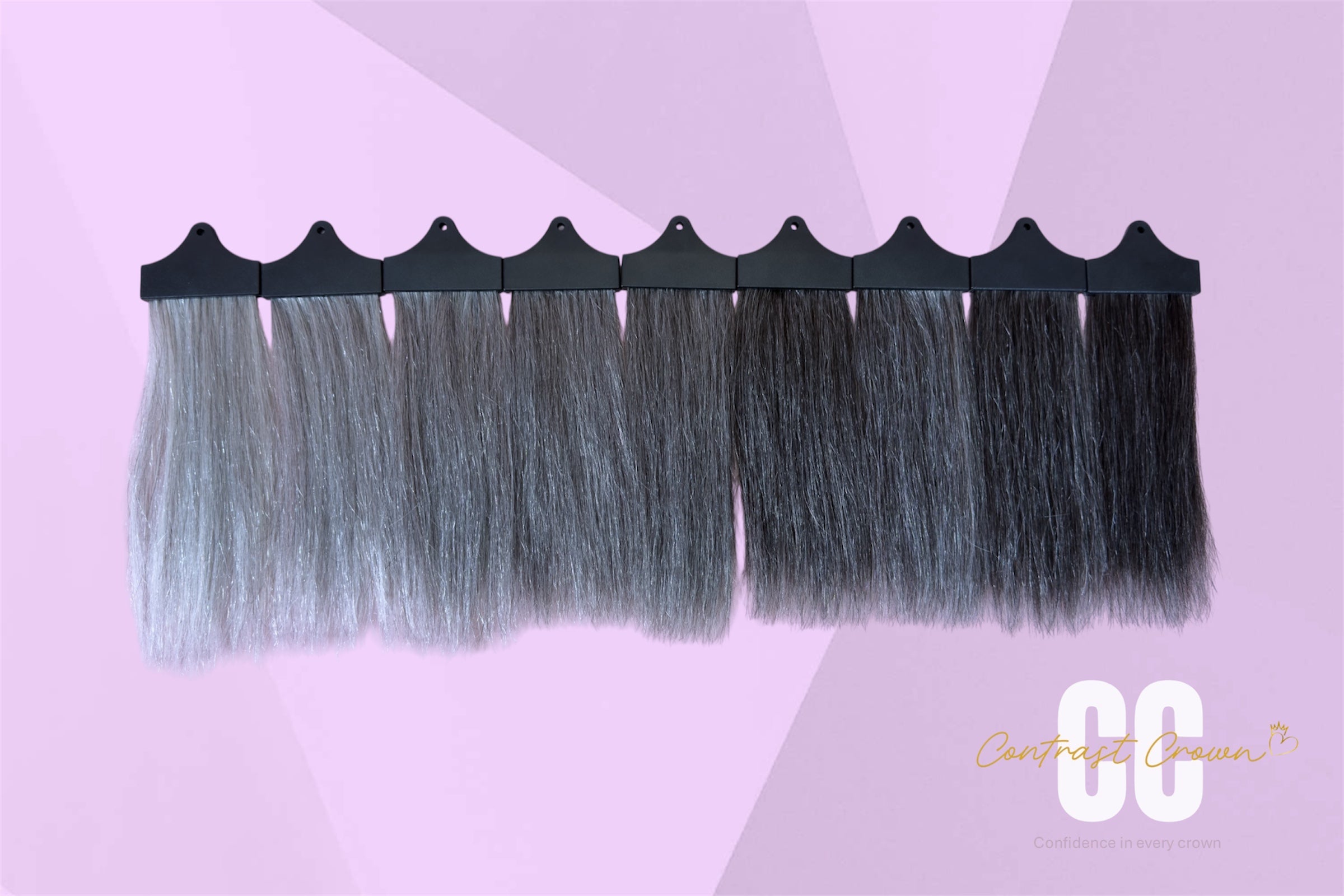 Set of hair extensions on a pink background with 'CC' branding.